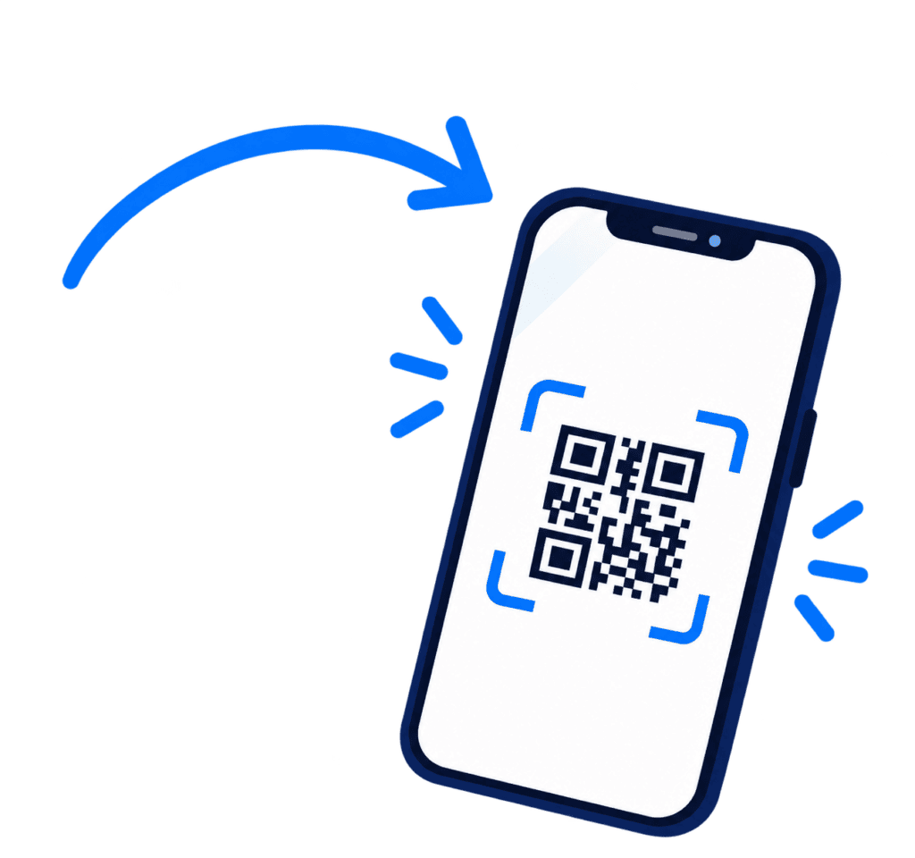 Smartphone angled to scan a QR code on its screen, ready to read the code with the camera